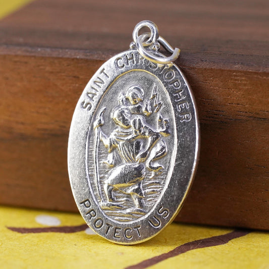 Vintage Chapel Sterling silver pendant, 925 Saint Christopher protect us charm