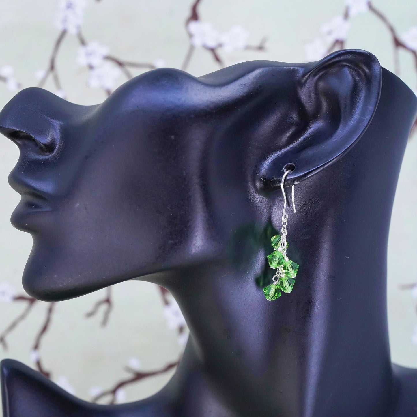 Vintage sterling silver handmade earrings, 925 silver with green crystal drops