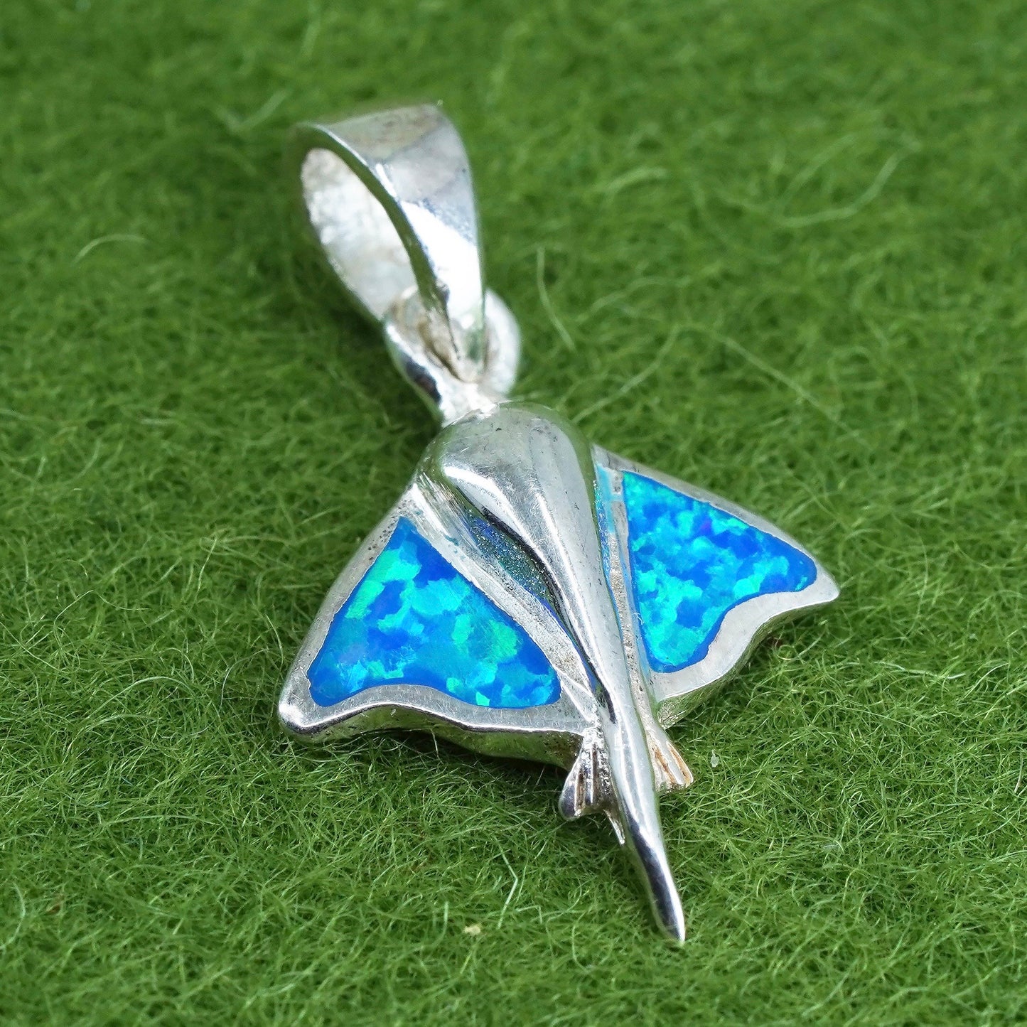 Sterling silver handmade pendant, 925 silver flathead shark with opal inlay