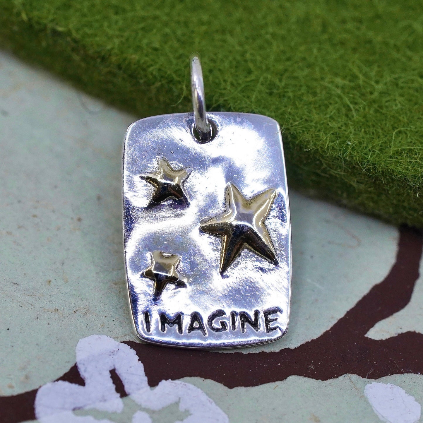 Vintage sterling silver handmade pendant, 925 star tag embossed “imagine”