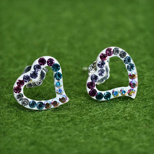 Vintage sterling silver rainbow cz studs, 925 heart earrings