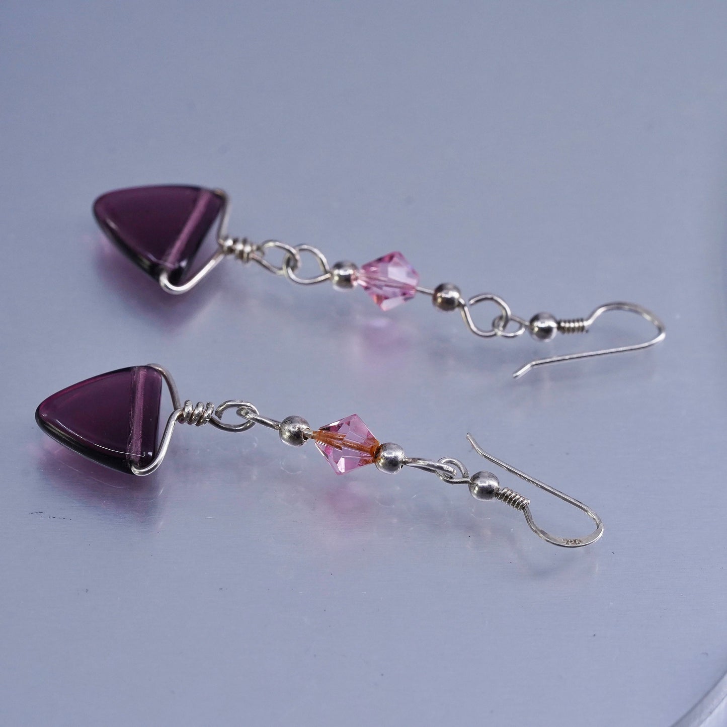 VTG Sterling 925 silver handmade earrings with triangular purple glass dangles