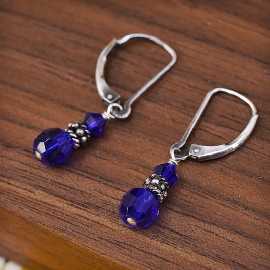 Vintage Sterling silver handmade earrings, 925 hooks with blue crystal beads