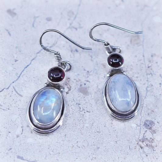 Vintage Sterling 926 silver handmade earrings with oval moonstone and garnet