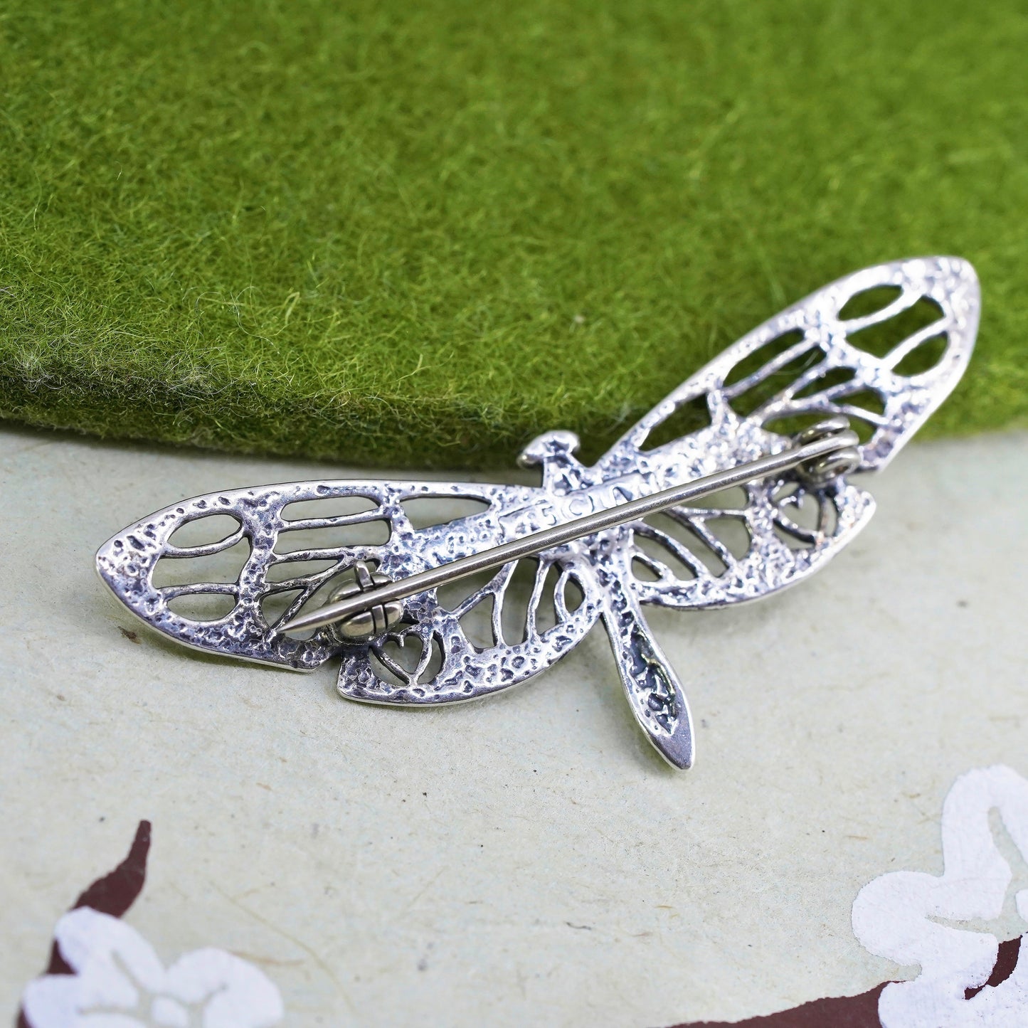 Vintage Sterling silver handmade brooch, filigree 925 dragonfly pin