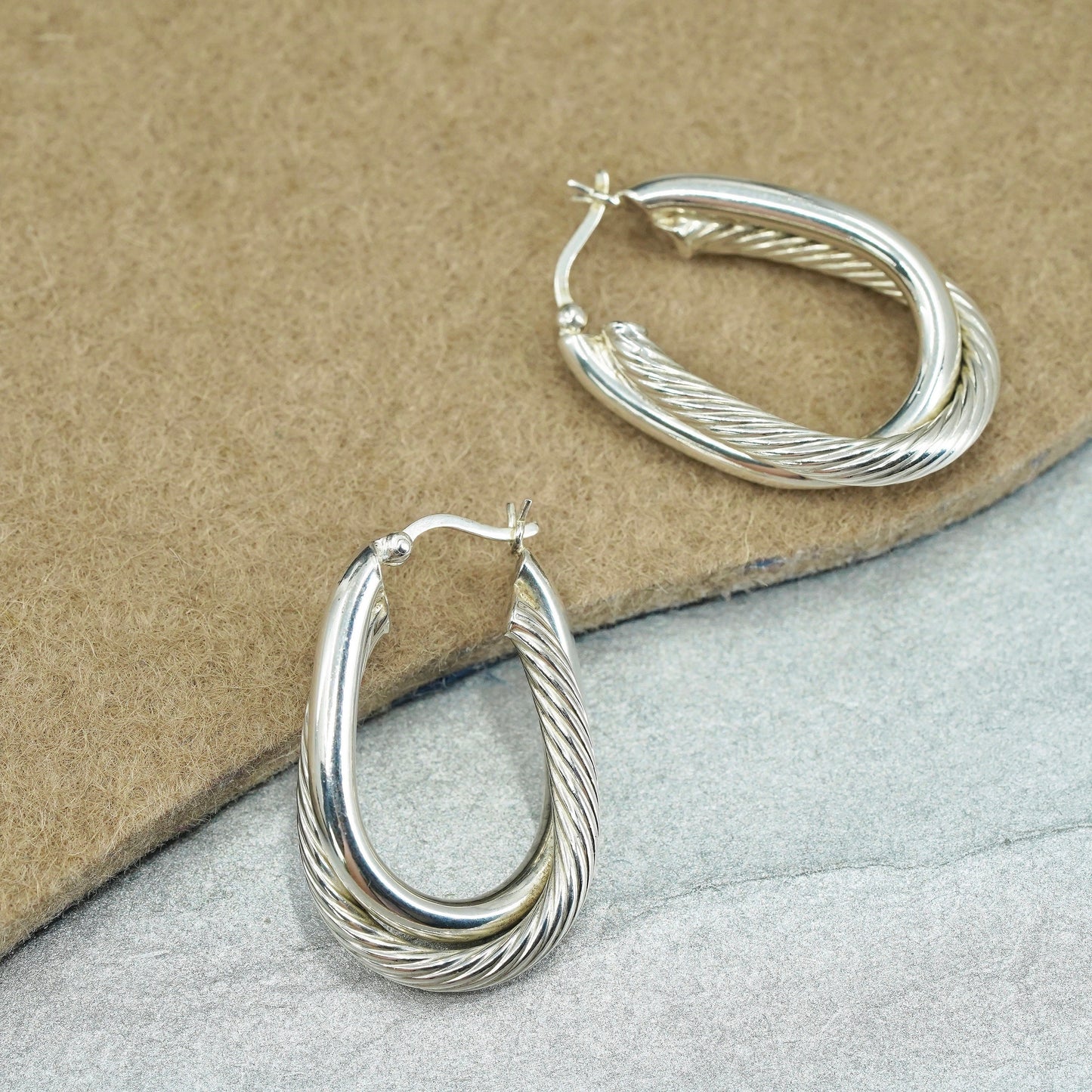 1.25”, vintage Sterling silver handmade earrings, 925 twisted oval hoops