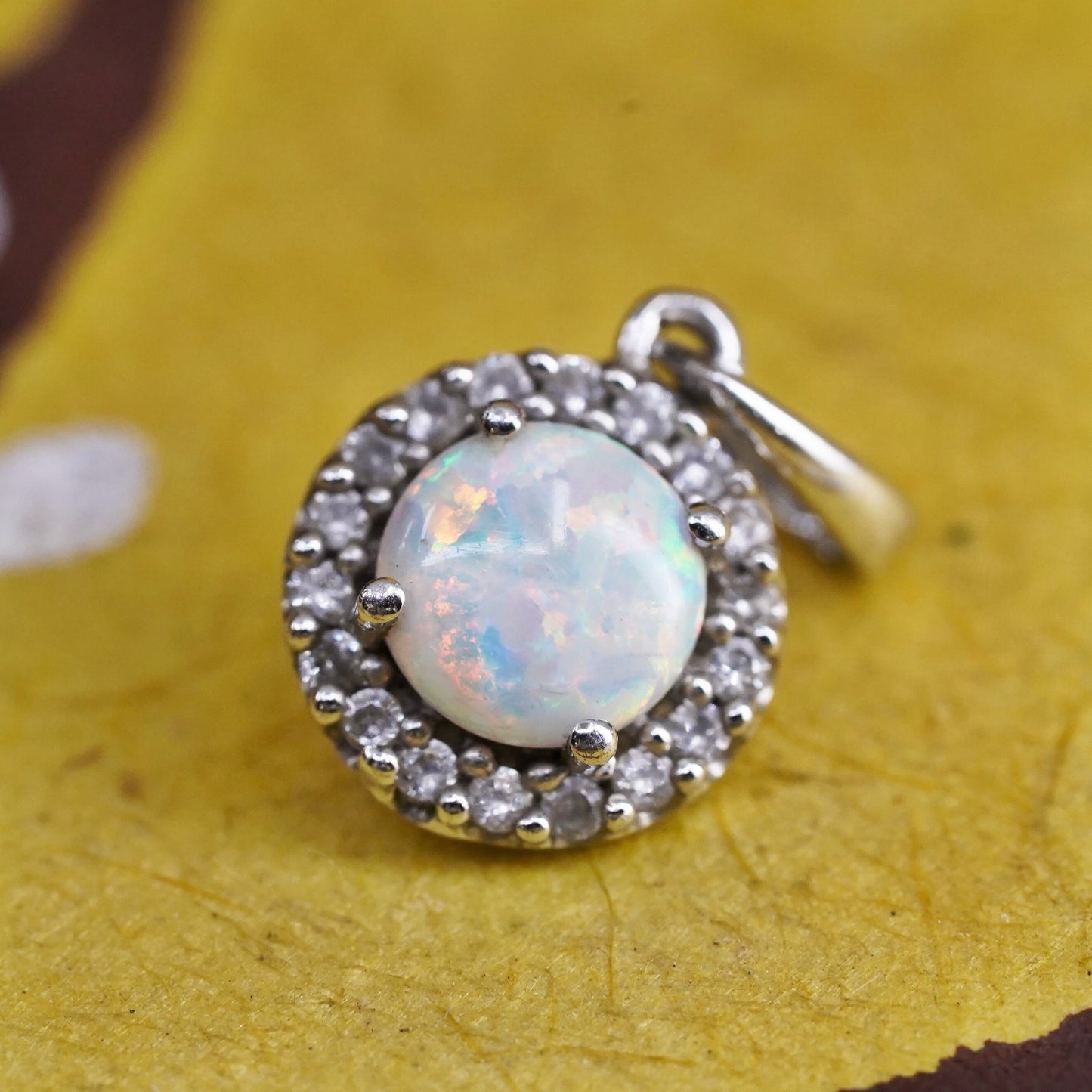 Vintage Sterling 925 silver handmade circle pendant with opal and cz