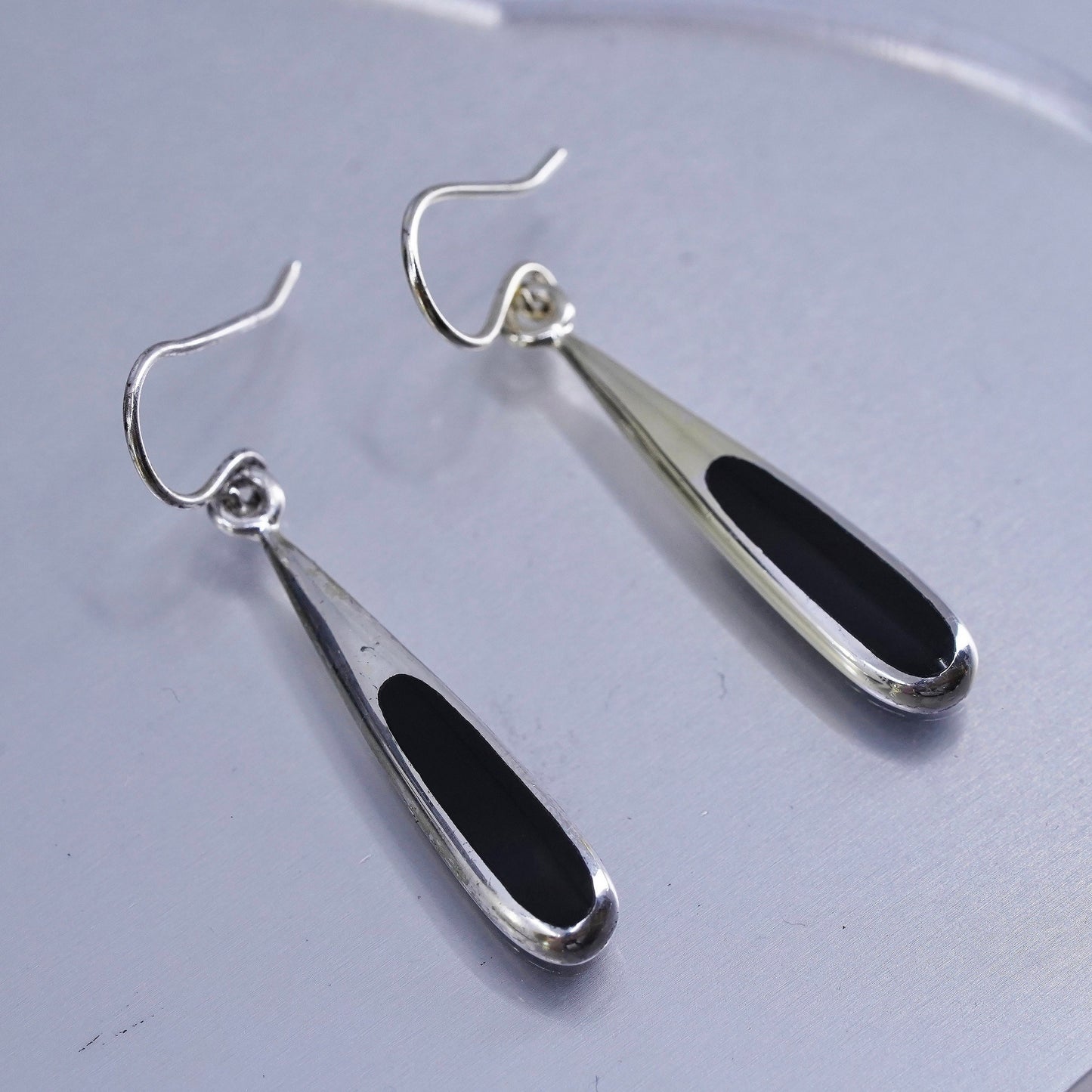 Vintage Sterling 925 silver handmade teardrop onyx earrings