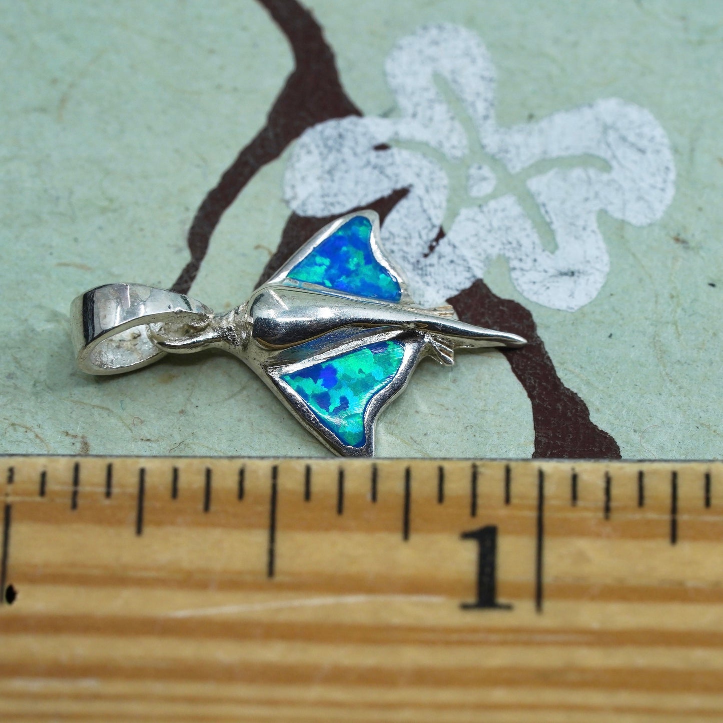 Sterling silver handmade pendant, 925 silver flathead shark with opal inlay