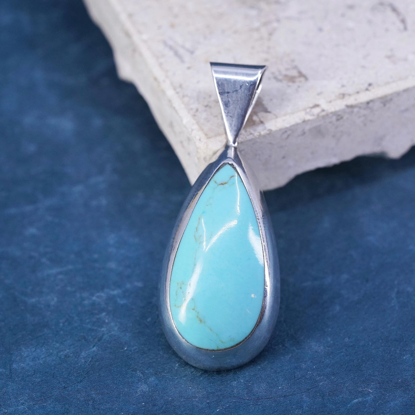 Vintage Mexican Sterling silver handmade pendant, 925 teardrop with turquoise