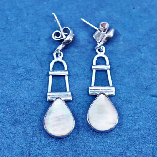 Sterling 950 silver handmade earrings w/ teardrop golden mother of pearl inlay