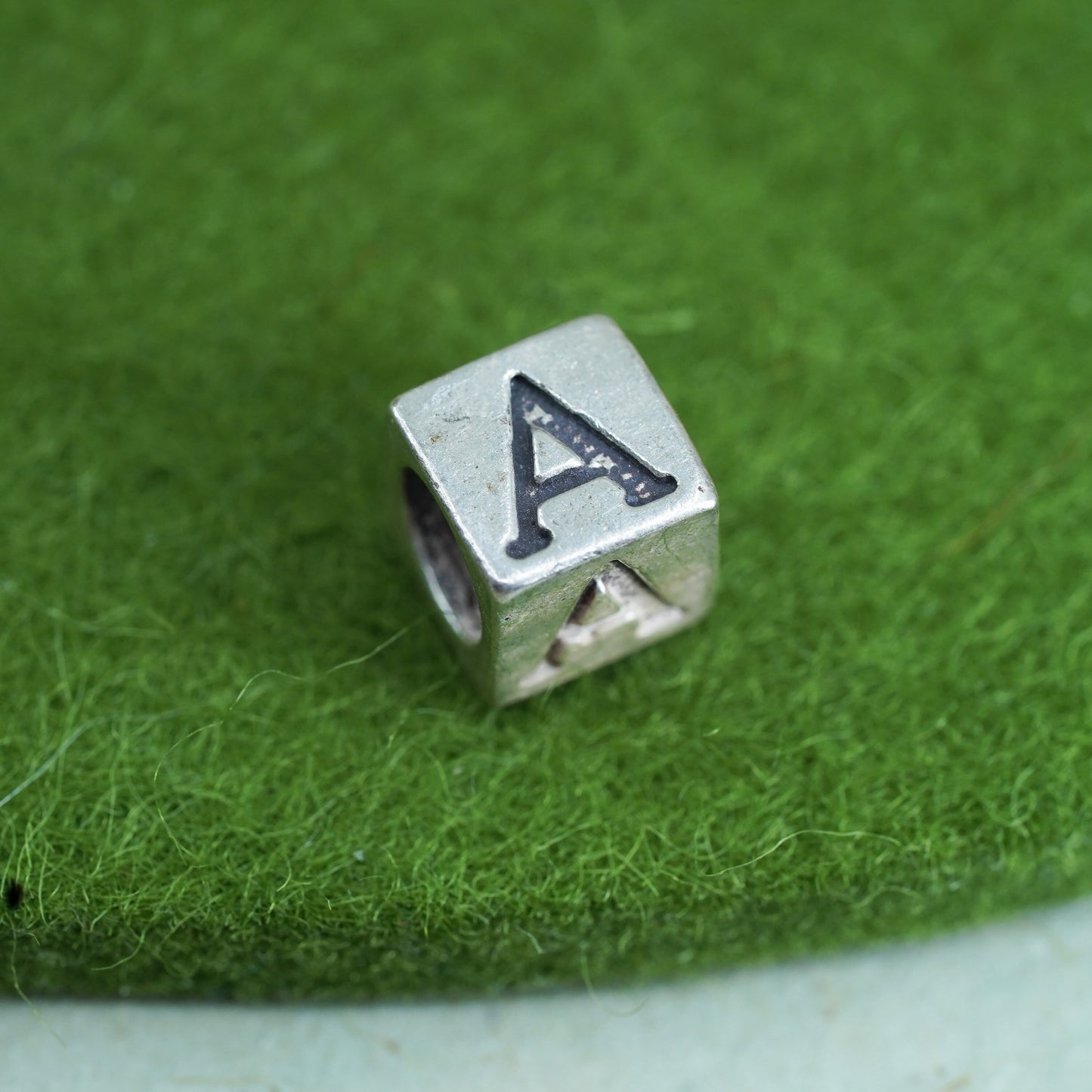 Vintage sterling silver handmade pendant, 925 cube charm engraved letter “A”