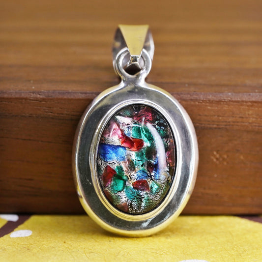 VTG Sterling 925 silver handmade pendant with vivid colored foil glass, unique