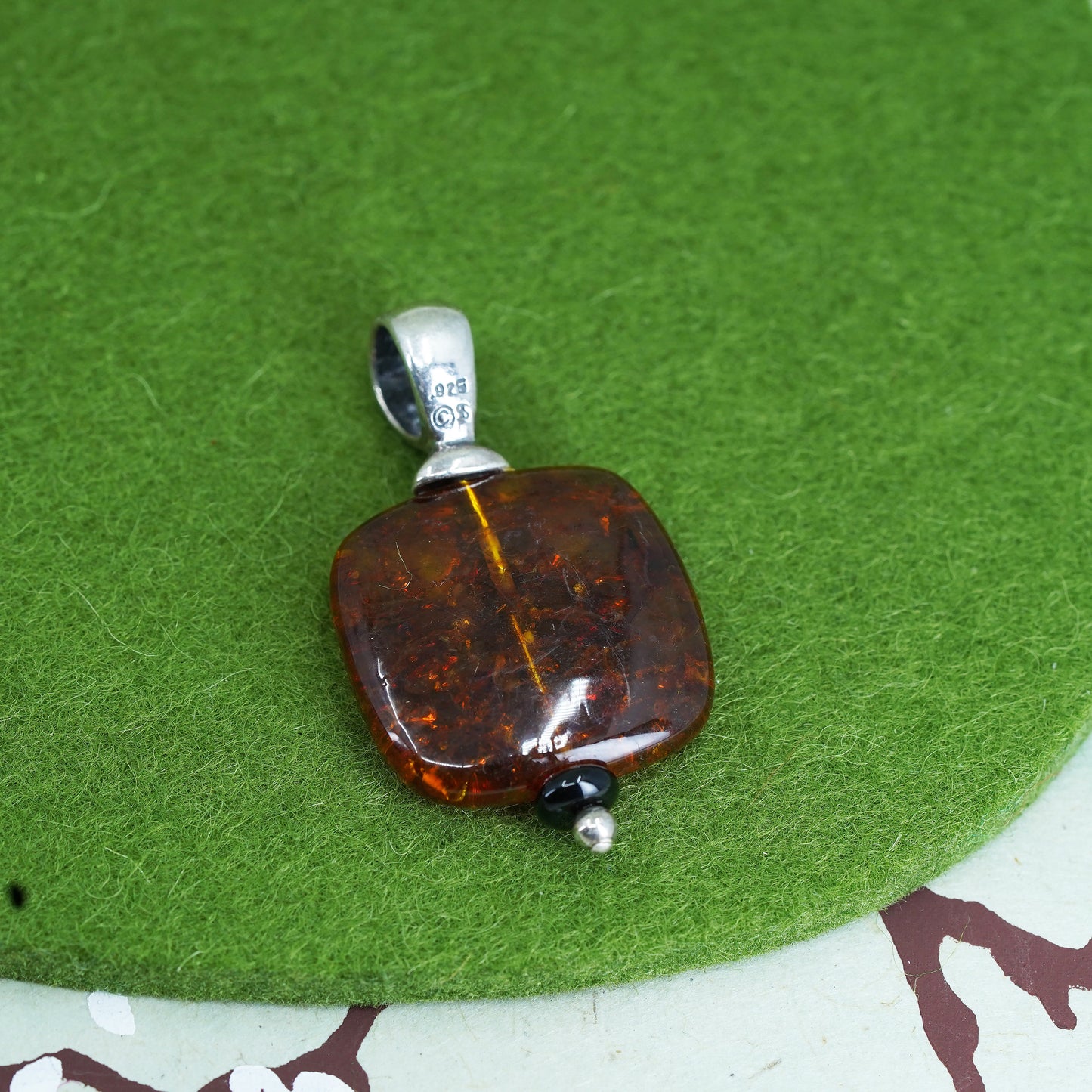 Vintage southwestern Sterling 925 silver handmade pendant with square amber