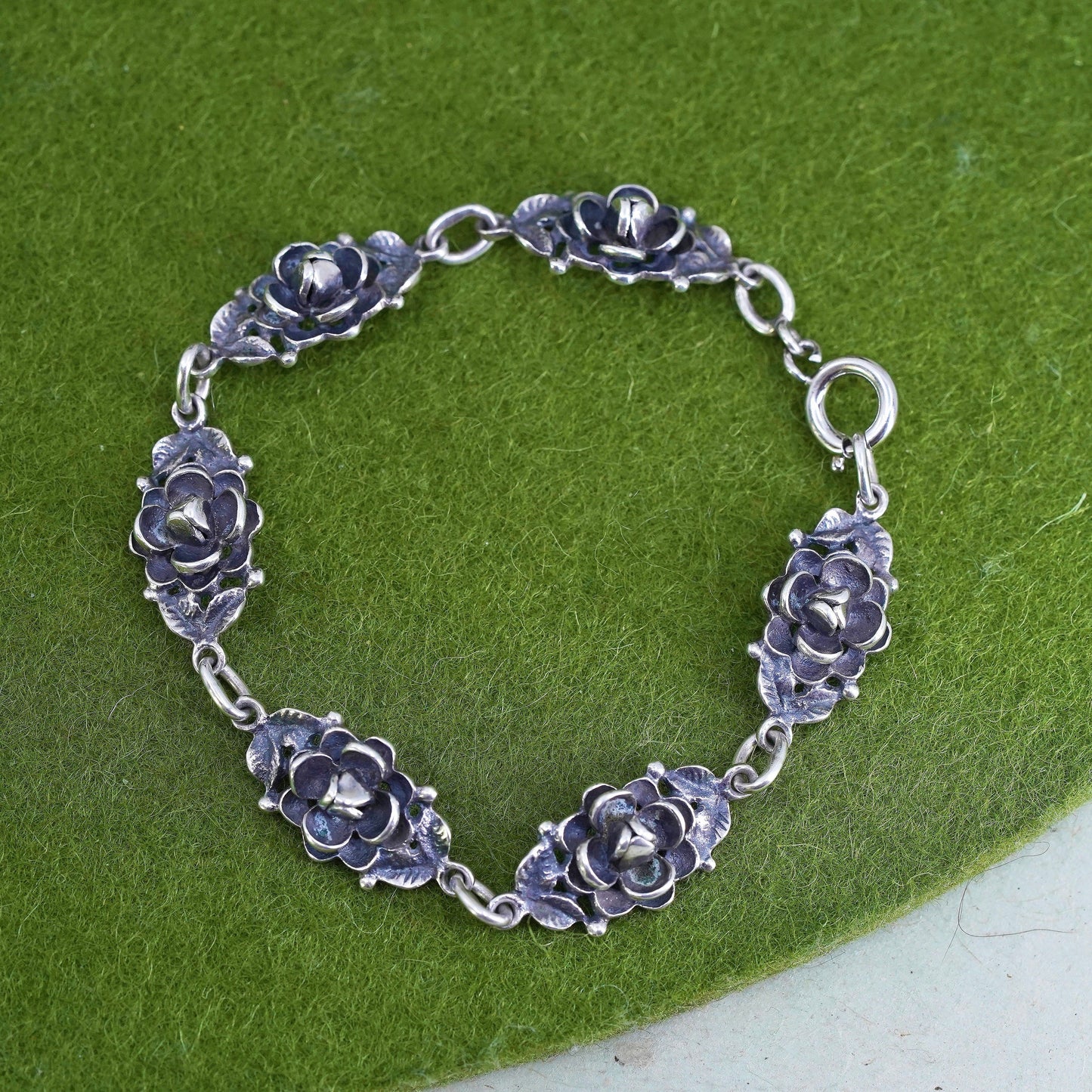 6.25", vintage sterling 925 silver handmade bracelet, flower link chain