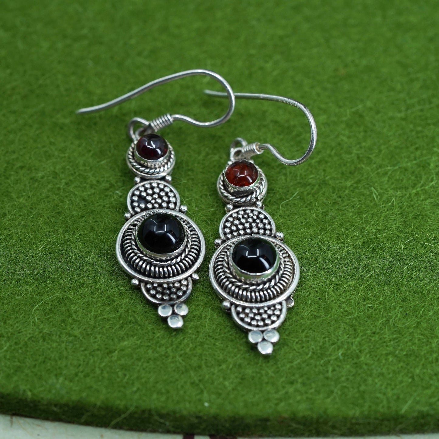 Vintage Sterling silver 925 handmade bali earrings with garnet beads