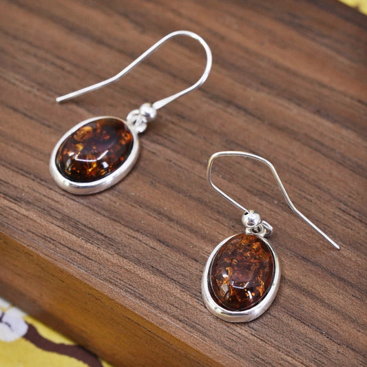 Vintage Sterling 925 silver handmade earrings with oval Amber