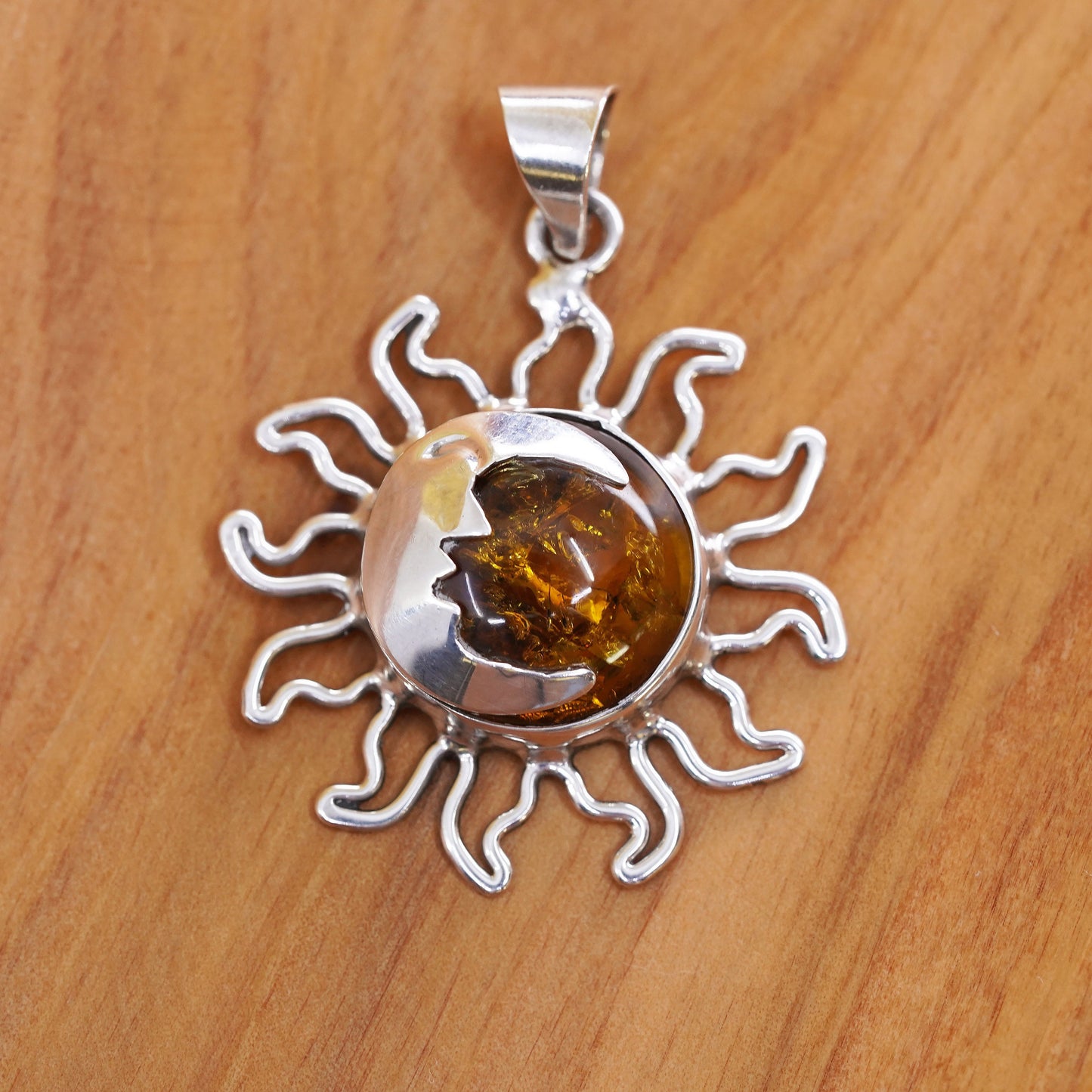 Vintage Sterling 925 silver handmade Sun pendant with Amber and moonface