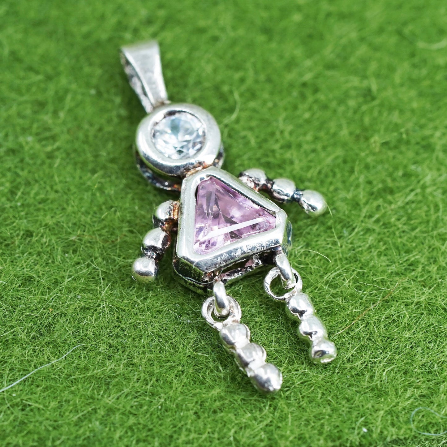 vtg sterling 925 silver birthstone pendant with pink crystal girl figure charm