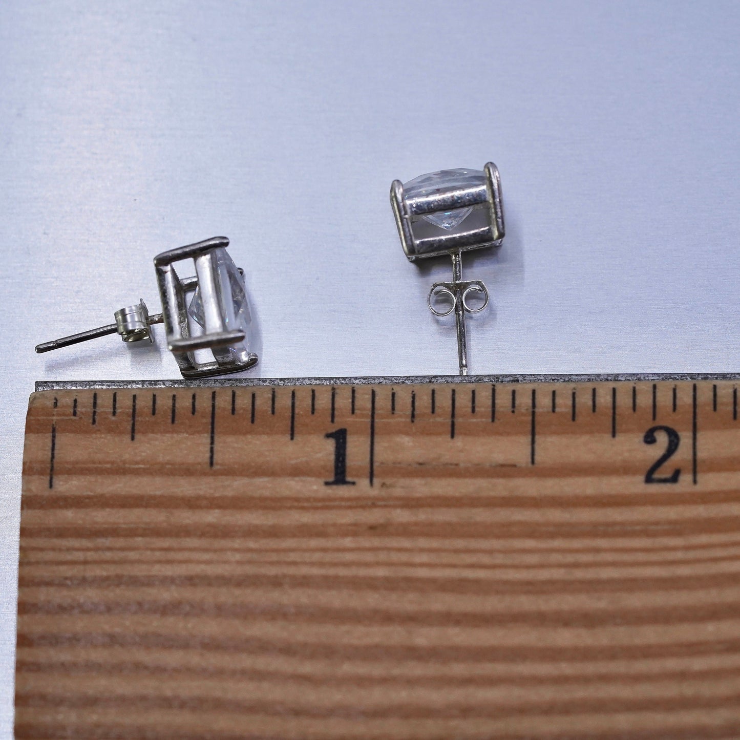 9mm, Vintage Sterling 925 silver earrings, studs with square cz inlay