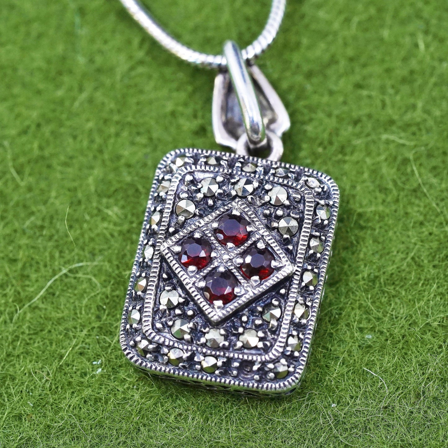 18", sterling 925 silver necklace, snake chain square marcasite garnet pendant