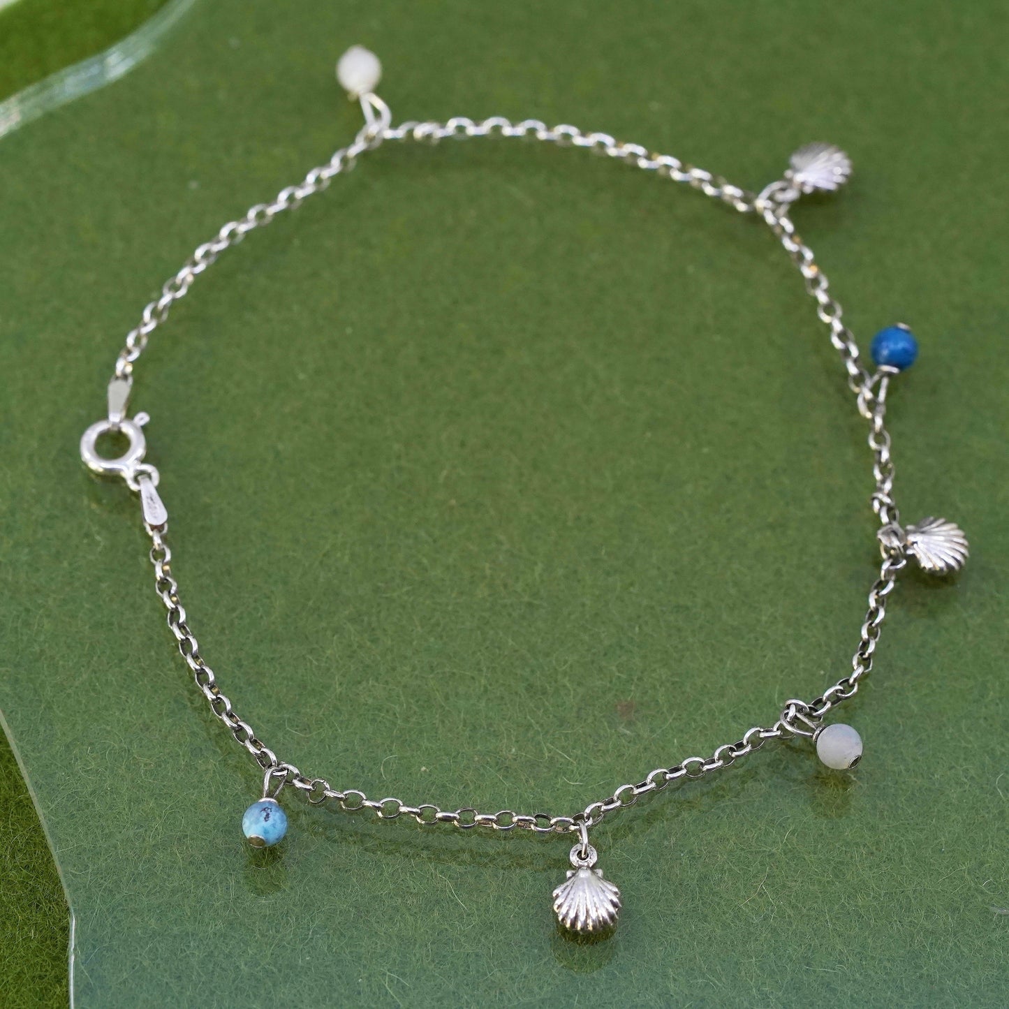 9.75”, sterling silver anklet bracelet, 925 circle shell charm sodalite beads