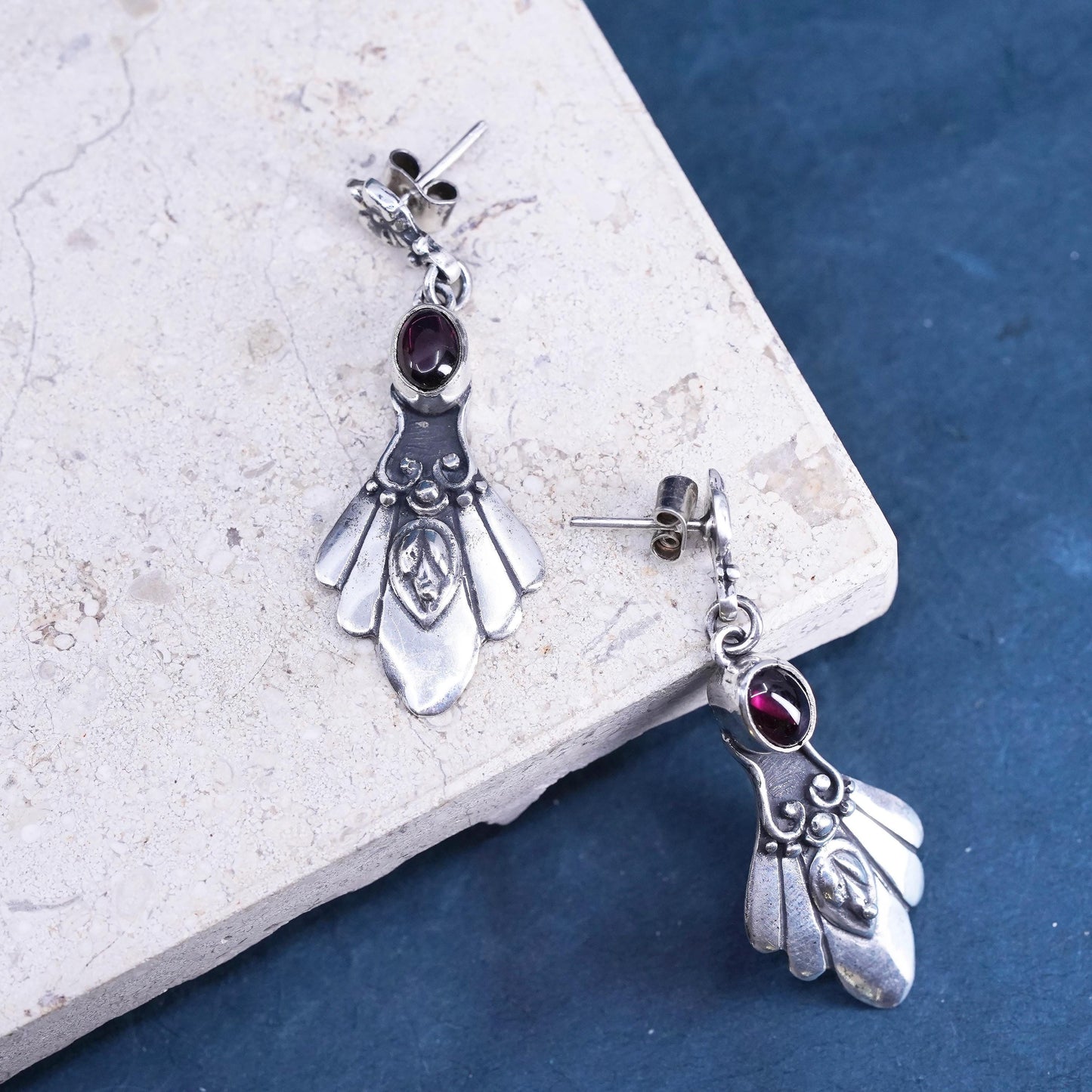 Vintage sterling silver handmade earrings, 925 feather with garnet and beads