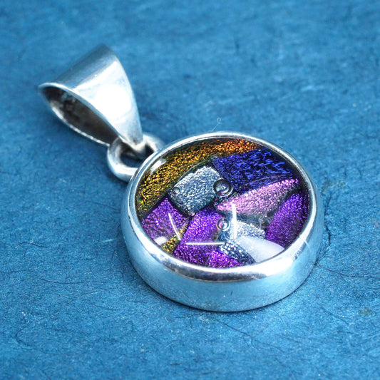 Vintage sterling 925 silver handmade circle pendant with dichroic foiled glass