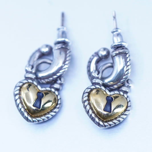Vintage two tone hoops earrings with heart lock dangle