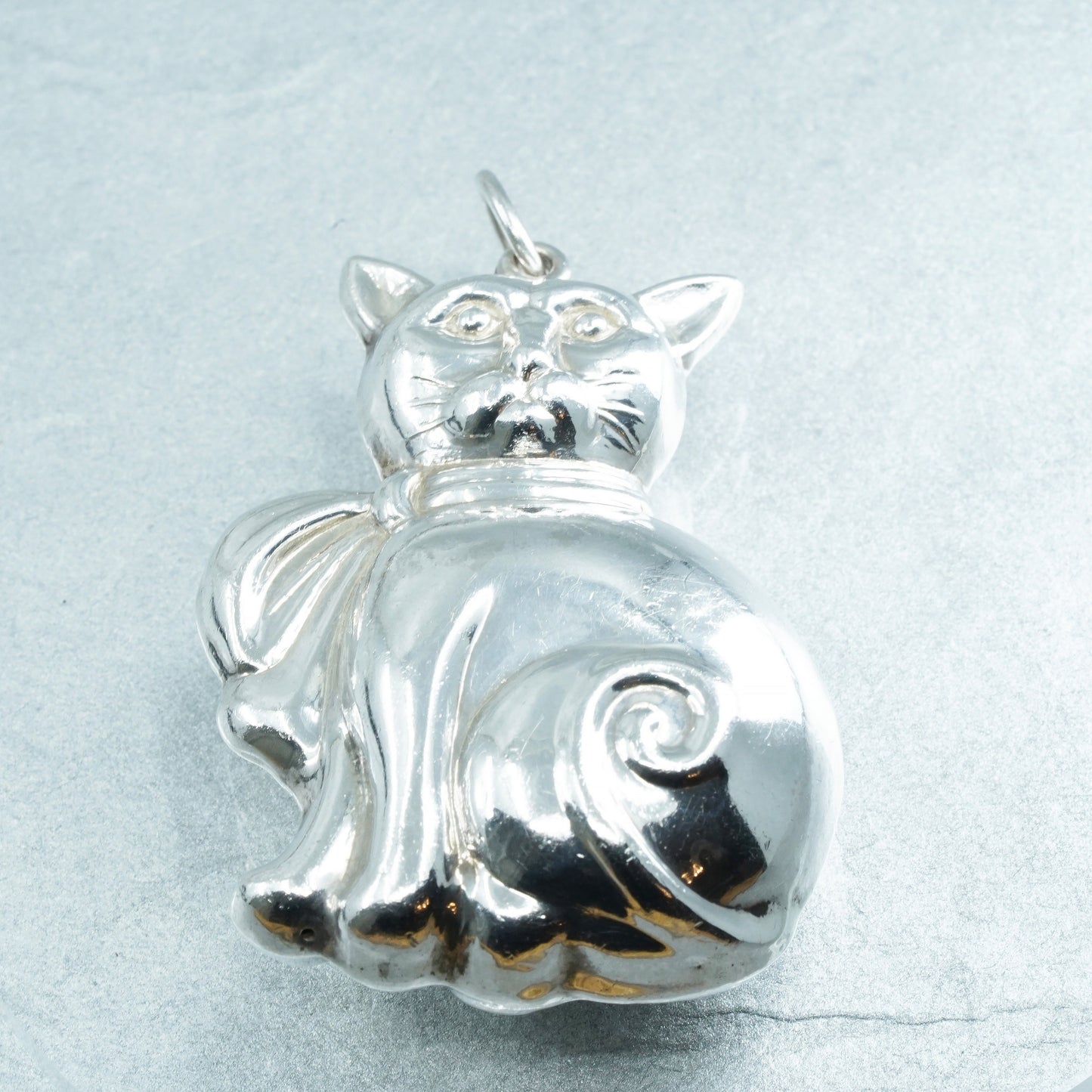 vintage Sterling silver handmade charm, 925 puffy cat kitty pendant