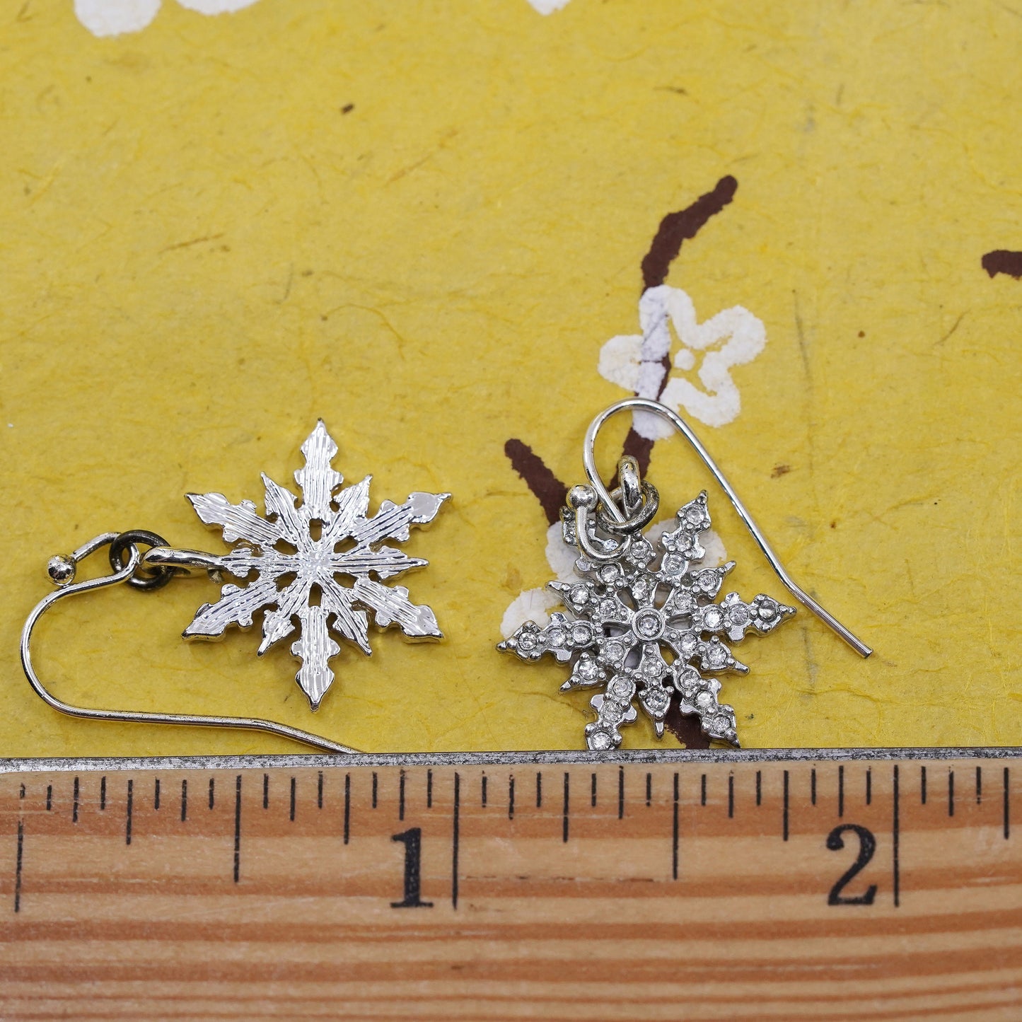 Vintage Sterling silver handmade earrings, 925 snowflake drops with cz