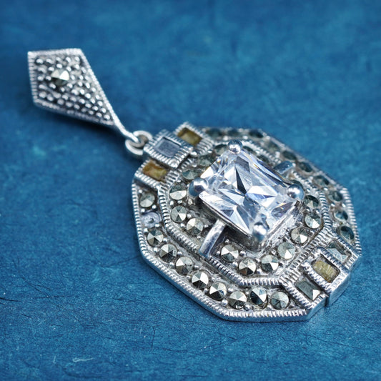 Vintage sterling 925 silver handmade pendant with cz and marcasite