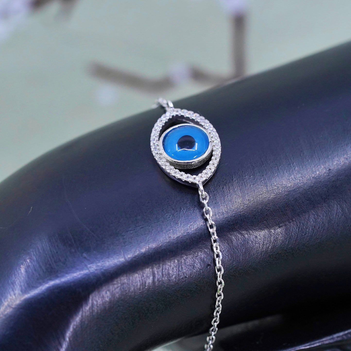 6.75+1”, handmade sterling 925 silver bracelet, blue glass evil eye with Cz