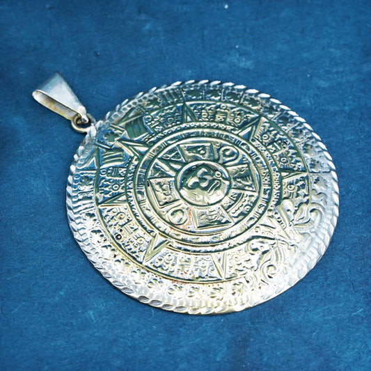 Vintage two tone Sterling silver handmade Pendant, huge 925 Mayan calendar