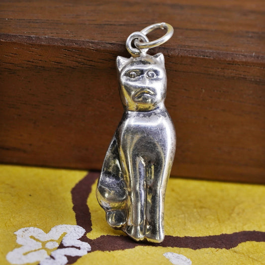 Vintage Sterling silver handmade pendant, 925 puffy cat, kitty charm