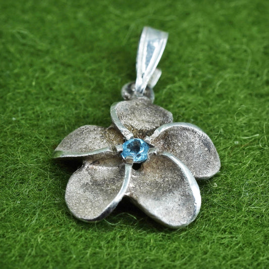 Vintage Sterling silver handmade pendant, 925 plumeria flower charm w/ blue Cz