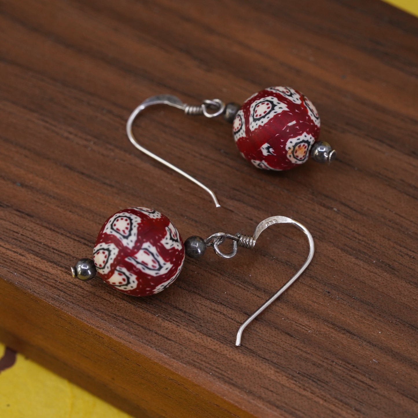 Vintage Sterling 925 silver handmade earrings with red textured beads