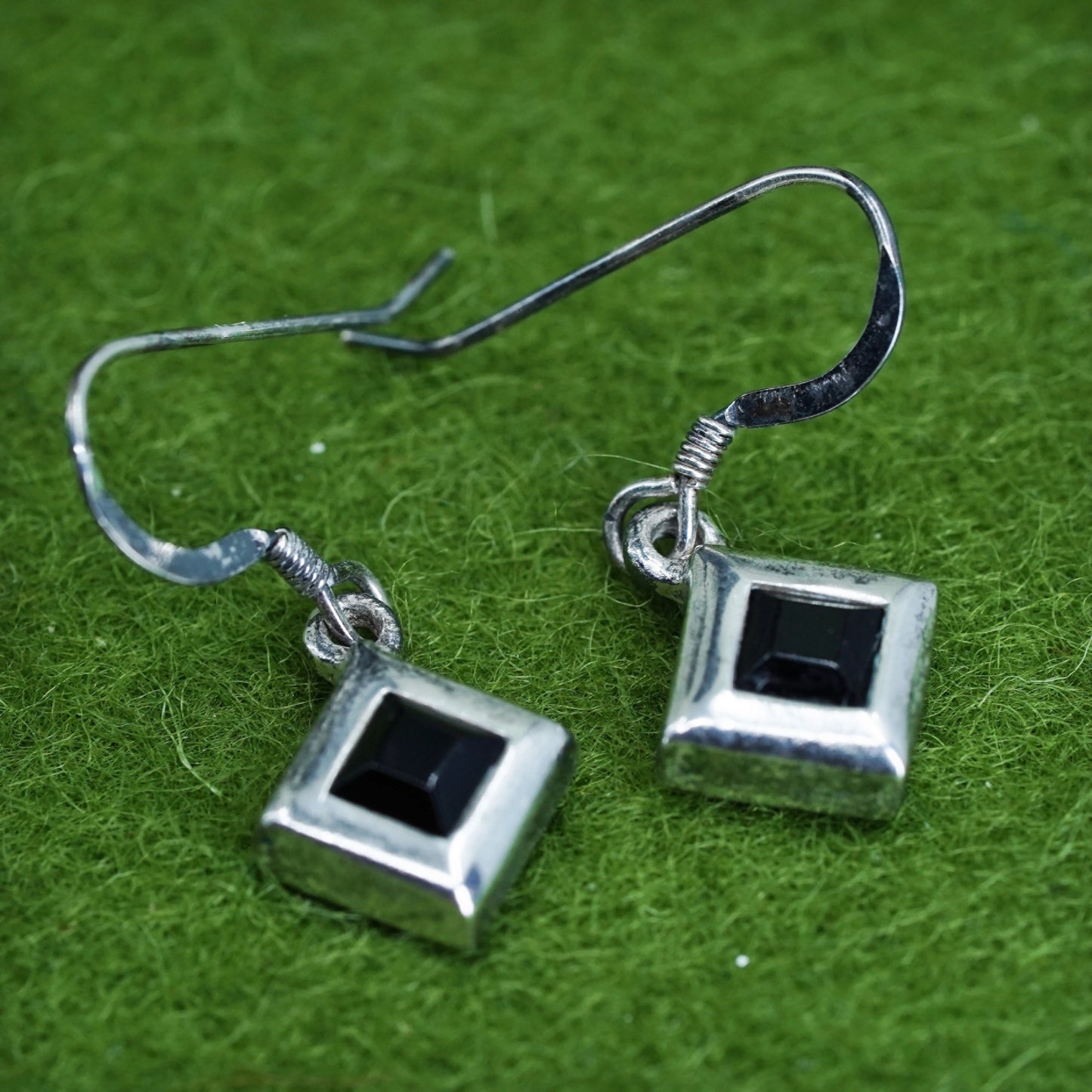 Vintage sterling 925 silver square earrings, black onyx, handmade southwestern