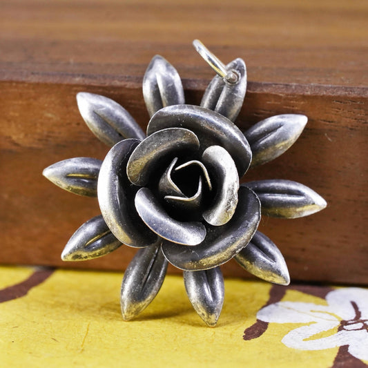 Vintage Sterling silver handmade pendant, mexico 925 rose flower details