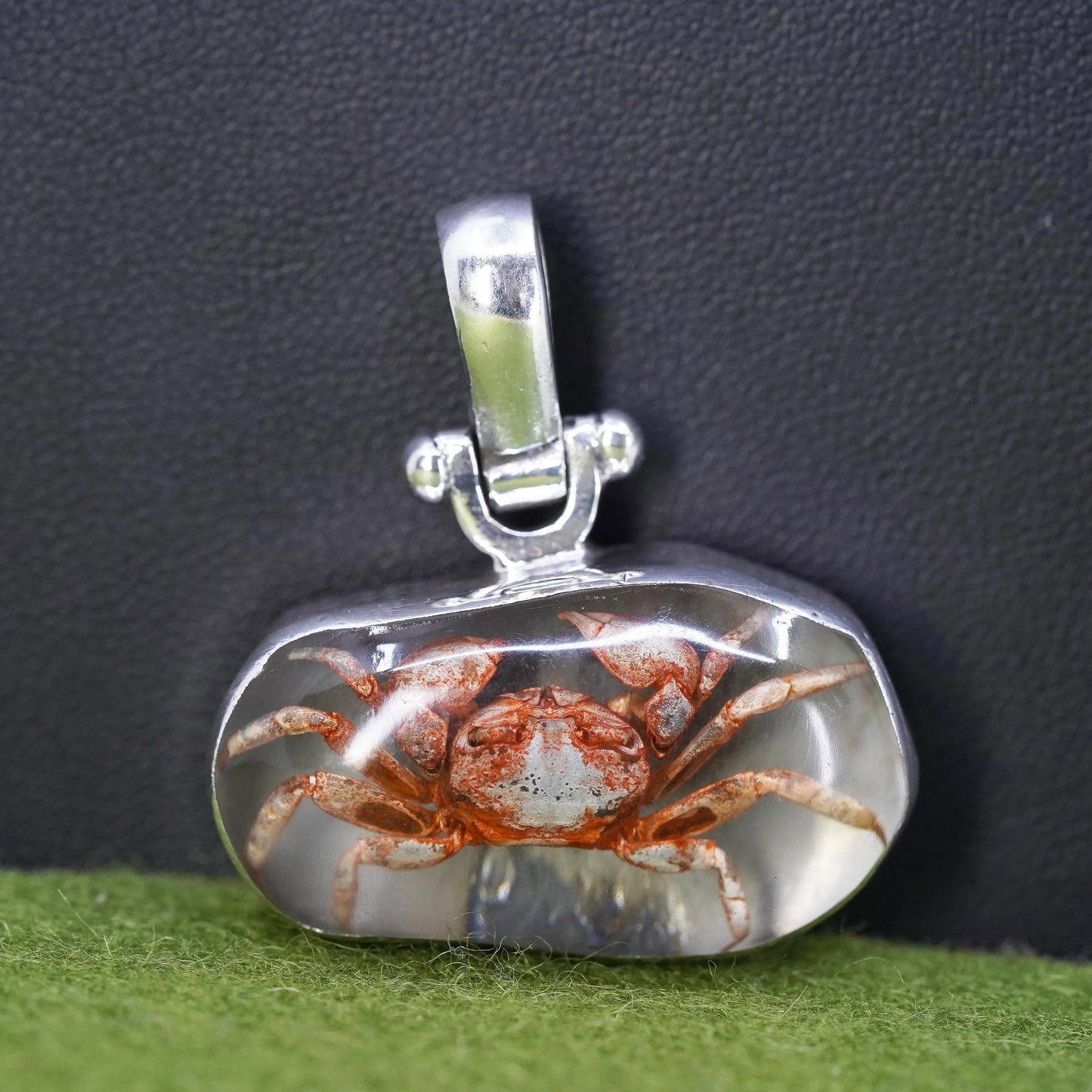 Vintage Sterling silver handmade pendant, 925 resin crab