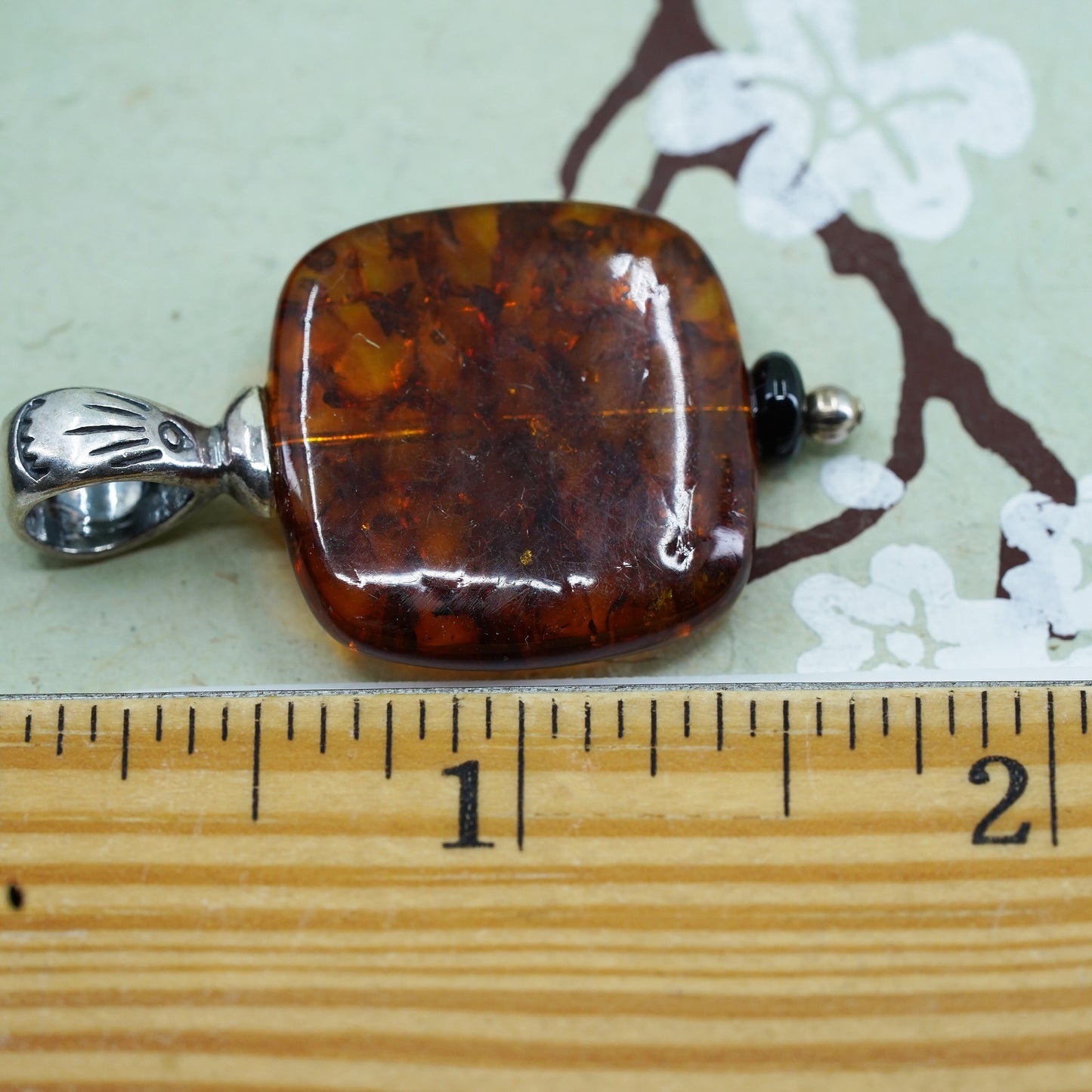 Vintage southwestern Sterling 925 silver handmade pendant with square amber