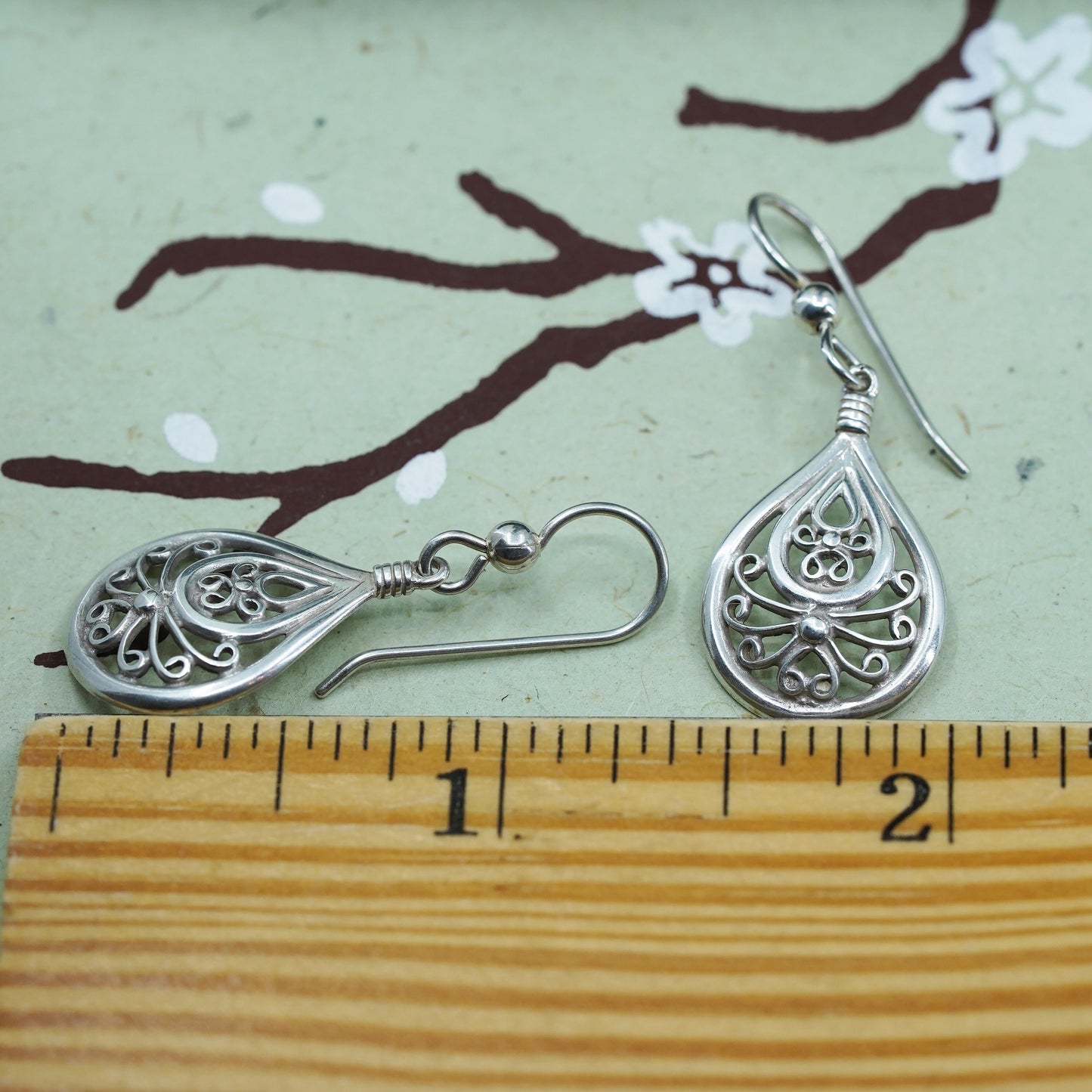 Vintage sterling silver handmade earrings, 925 filigree teardrop