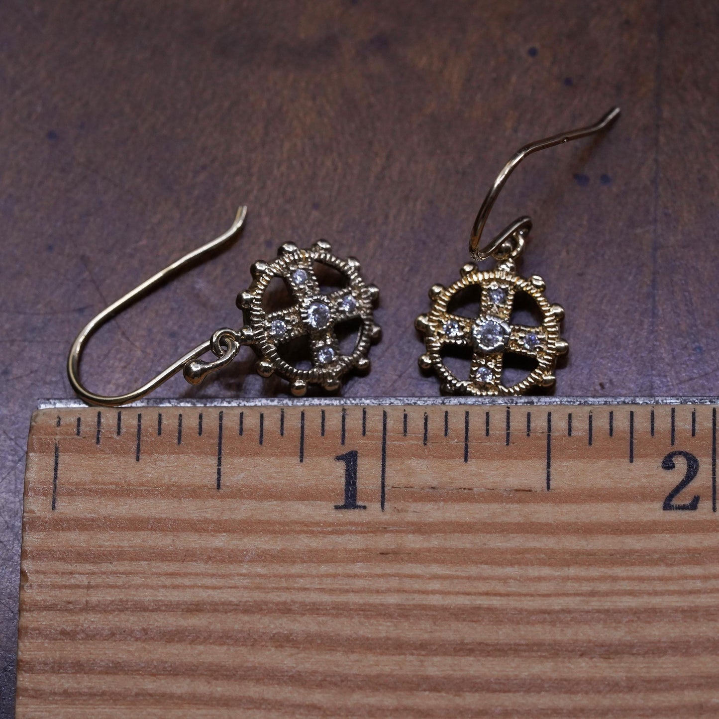 Vintage vermeil gold over Sterling silver earrings, 925 cross circle with cz