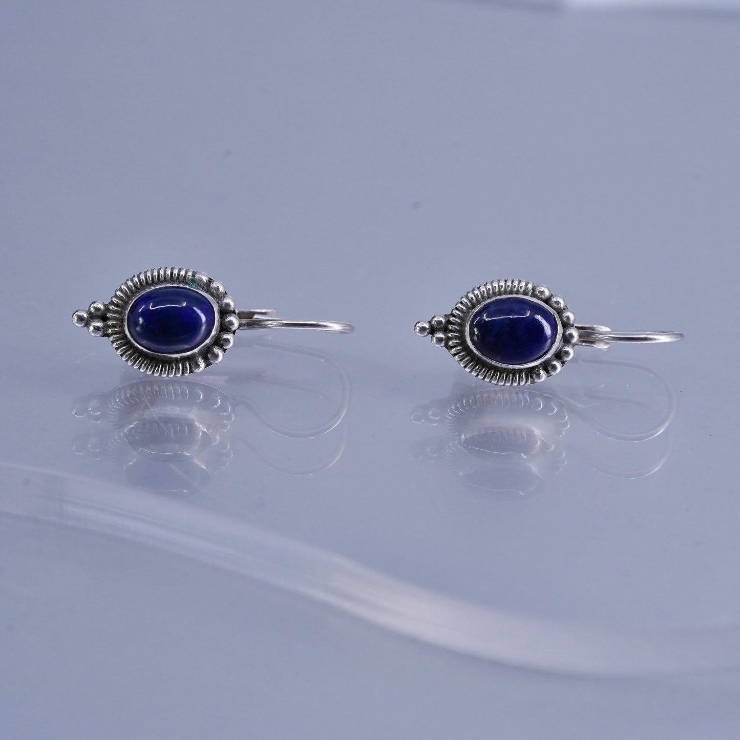 Vintage Sterling 925 silver handmade earrings with oval lapis lazuli