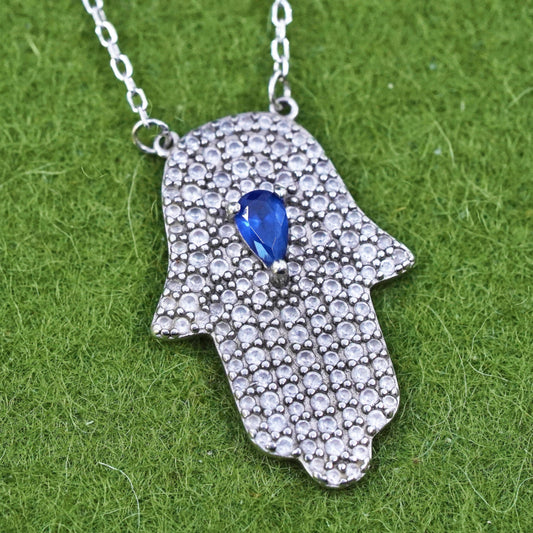 Sterling silver necklace, 925 circle chain Hamsa hand and sapphire, cluster cz