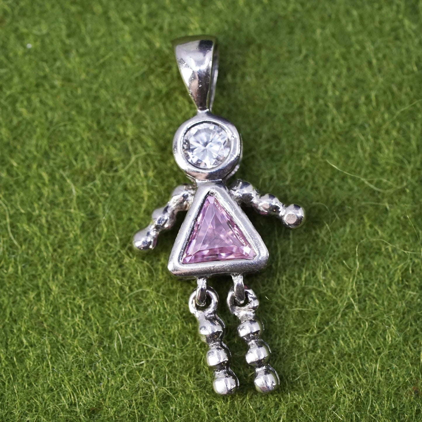 Vintage sterling 925 silver birthstone pendant pink crystal girl figure charm