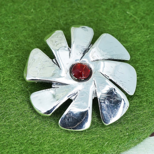 Vintage sterling silver handmade flower brooch, 925 pin with red cz