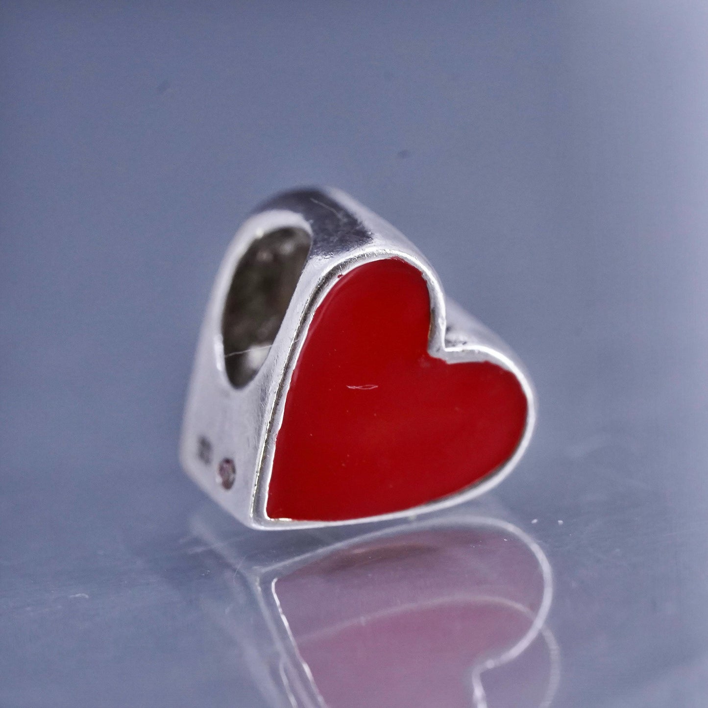 Vintage Sterling silver handmade charm, 925 red enamel heart bead