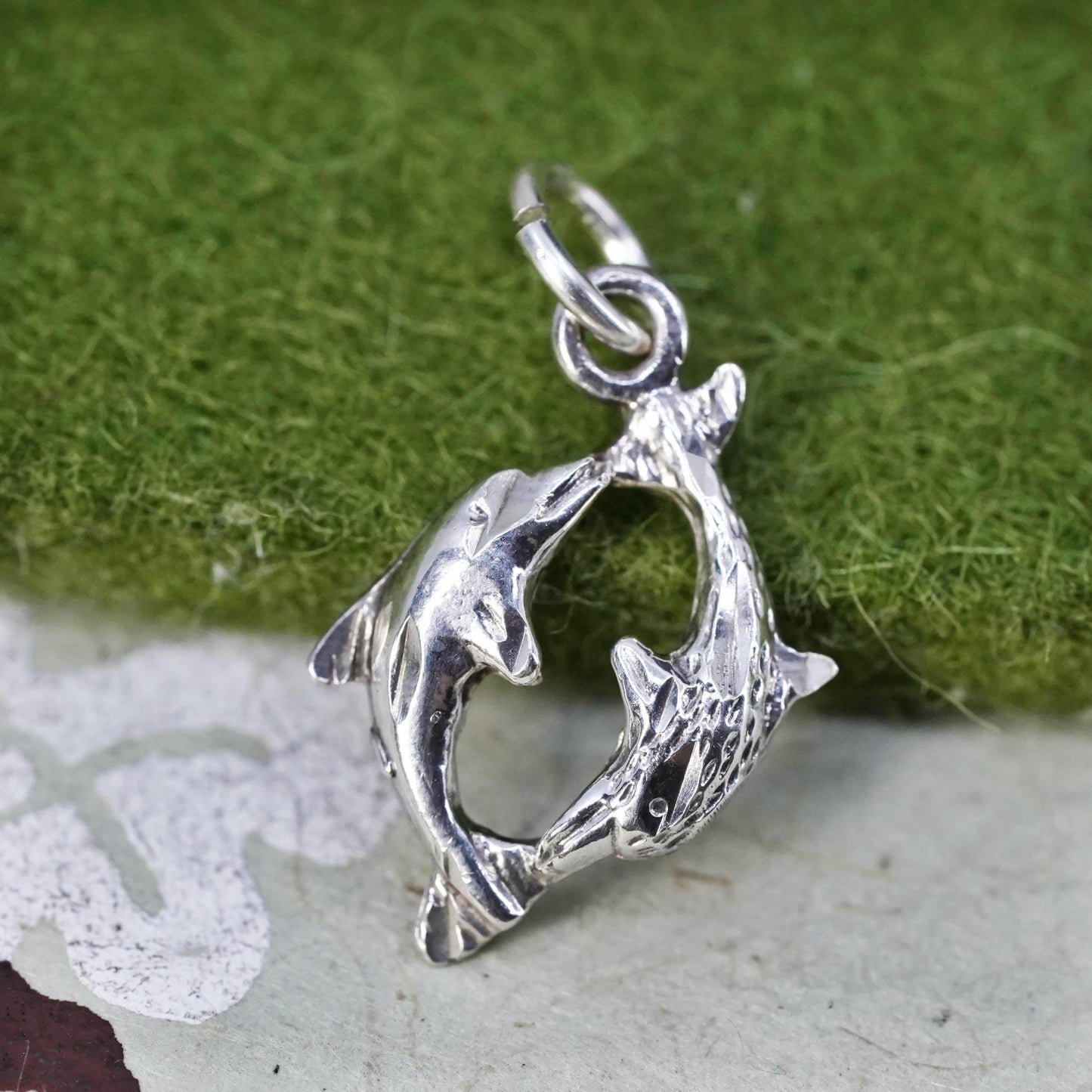 Vintage sterling silver double dolphin pendant, 925 charm