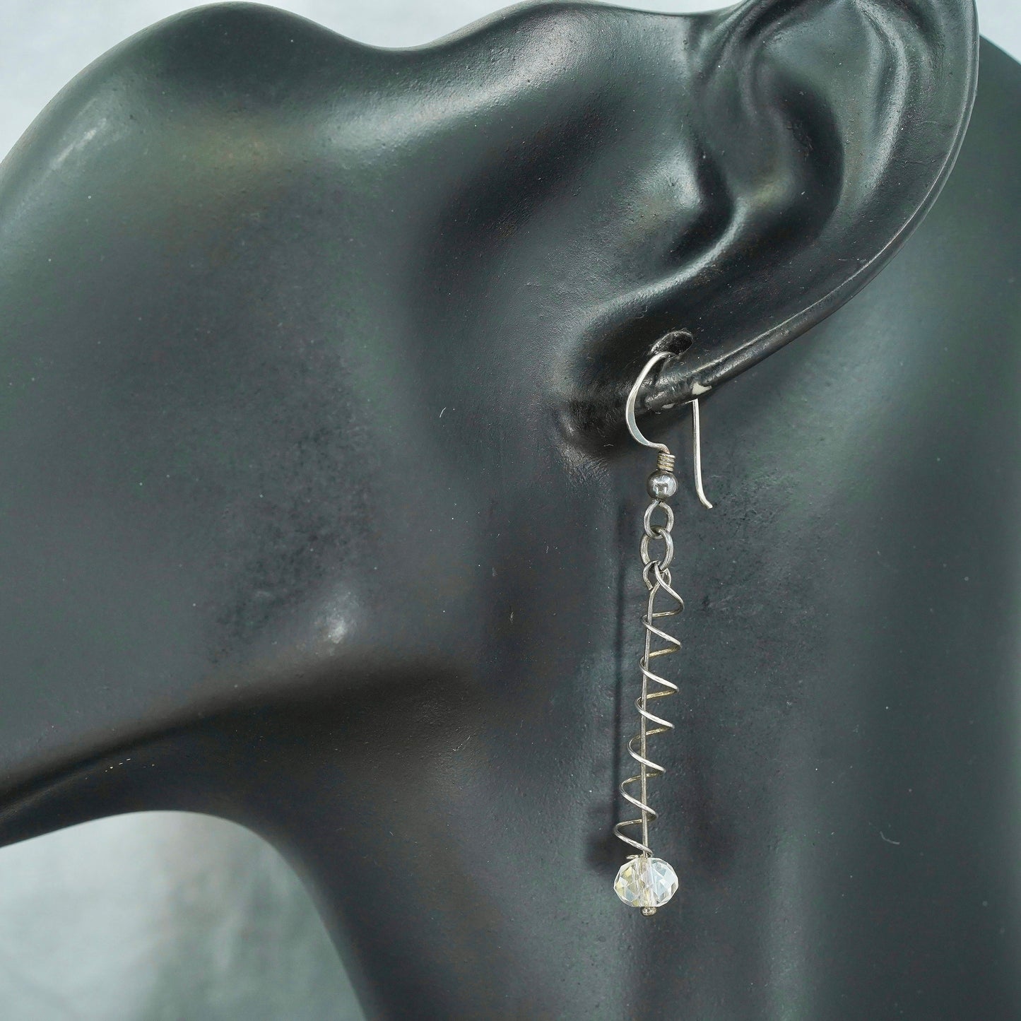 Vintage Sterling 925 silver handmade spiral earrings with crystal